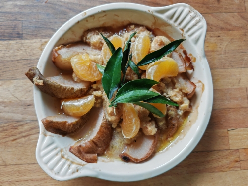 crumble aux poires pochées et clémentines,la cocotte,la voix du nord